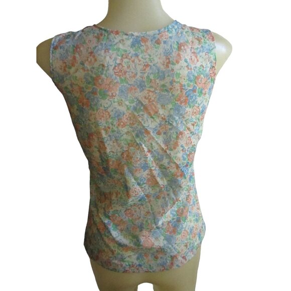 Vintage Women's Tank Top Medium 1970's Sheer Nylon Pink/Blue Flowers Stretch Med - Picture 4 of 7